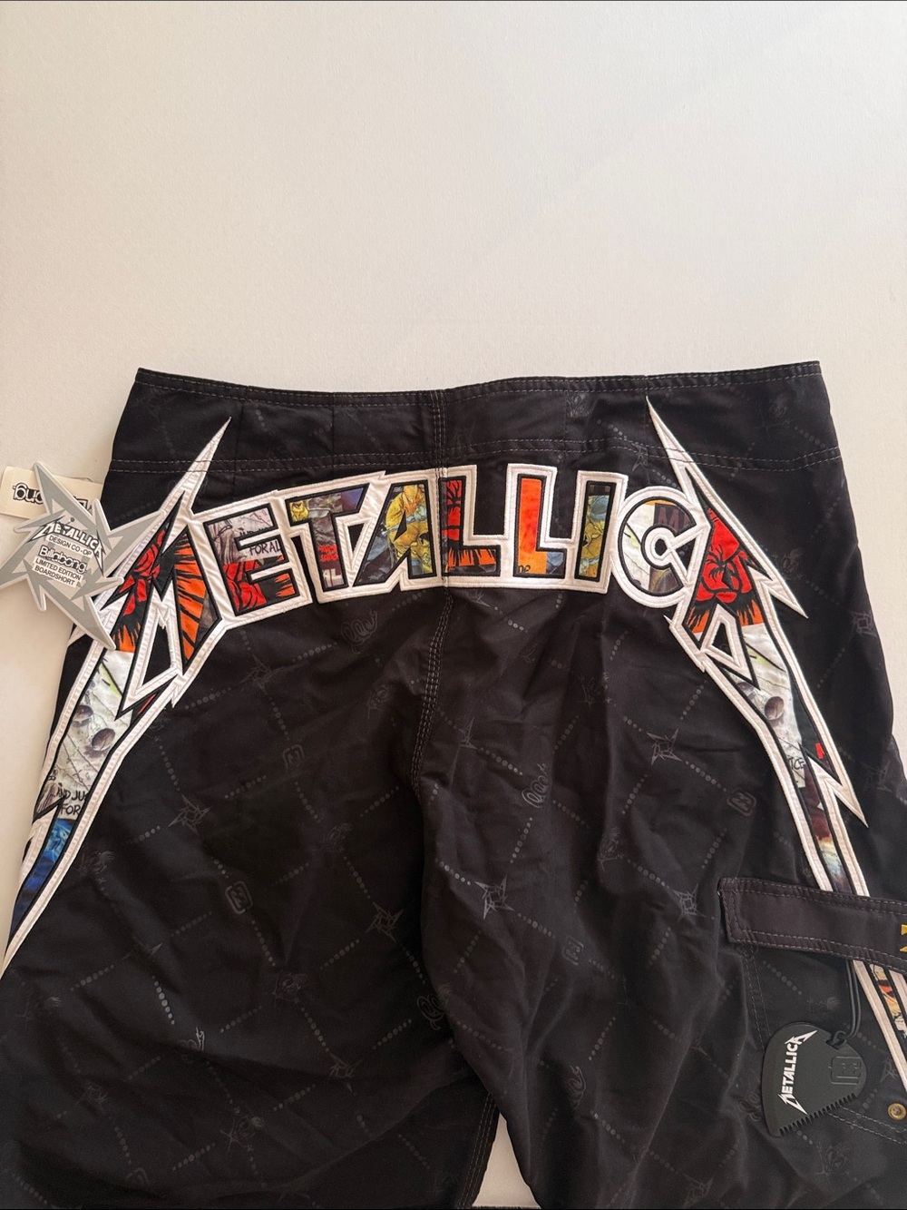 Billabong Black Cargo Pants with Colorful Metallica Graphic